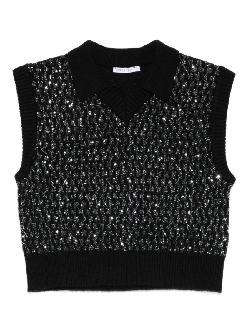 Patrizia Pepe Deep V-Neck Sequined Vest With Ribbed Detailing