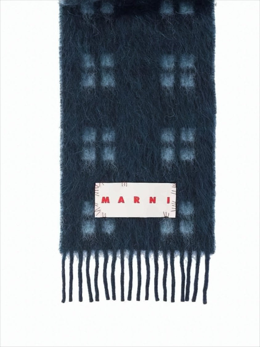 Marni Checkered Blue Wool And Alpaca Scarf With Fringed Ends