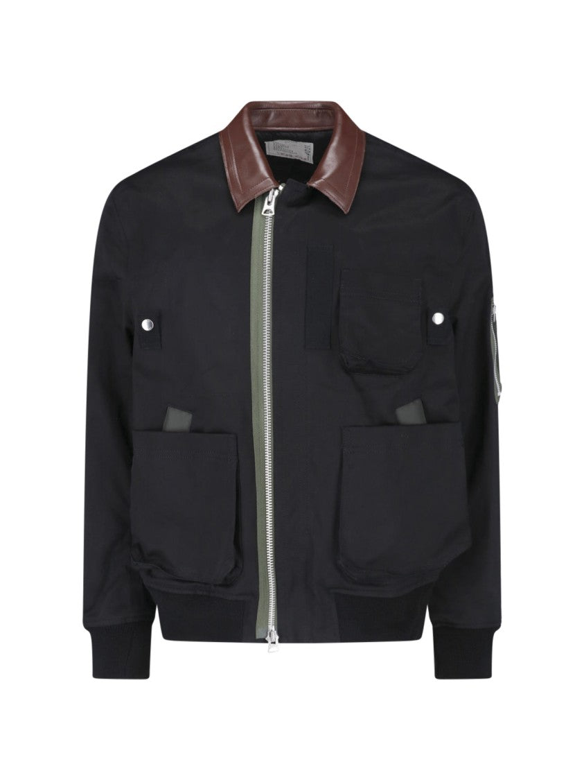 Sacai Black Cotton Leather Collar Jacket