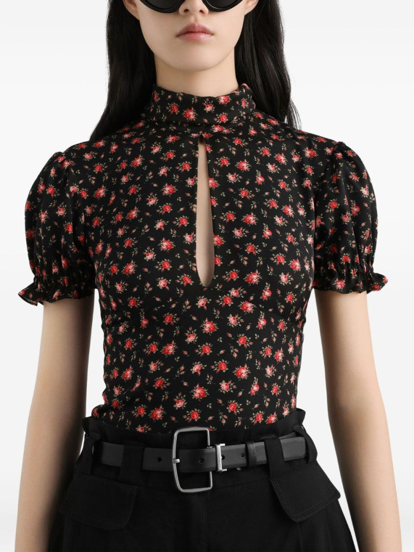 Dolce & Gabbana Black Floral Silk Blend Shirt With High Neckline And Puffed Sleeves