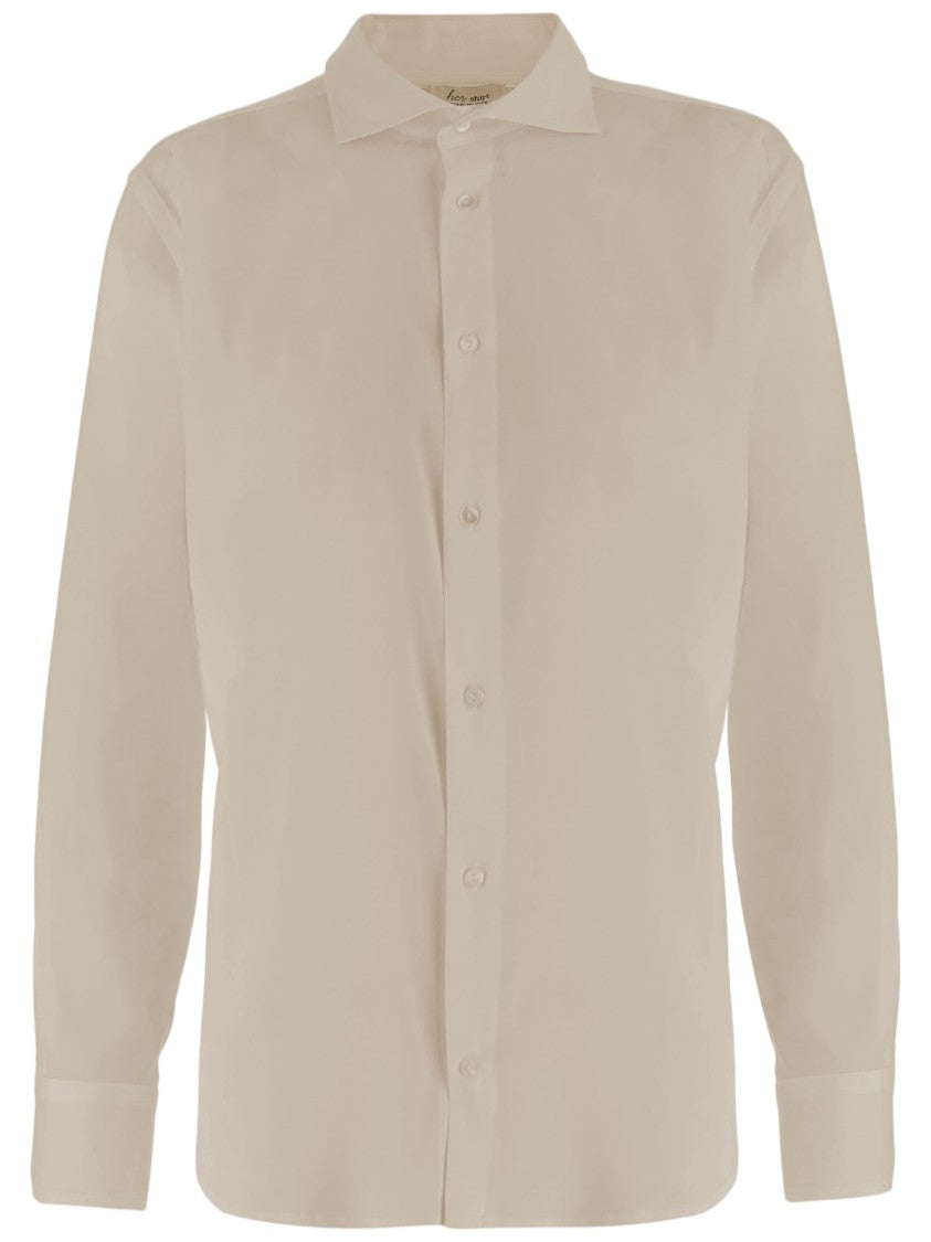 Her Shirt Beige Classic Collar Buttoned Cuffs Stretch Silk Shirt