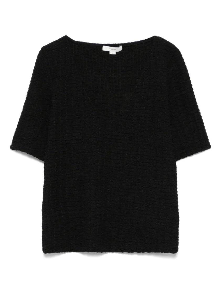 Vince Textured Short Sleeve T-Shirt With Deep V-Neckline