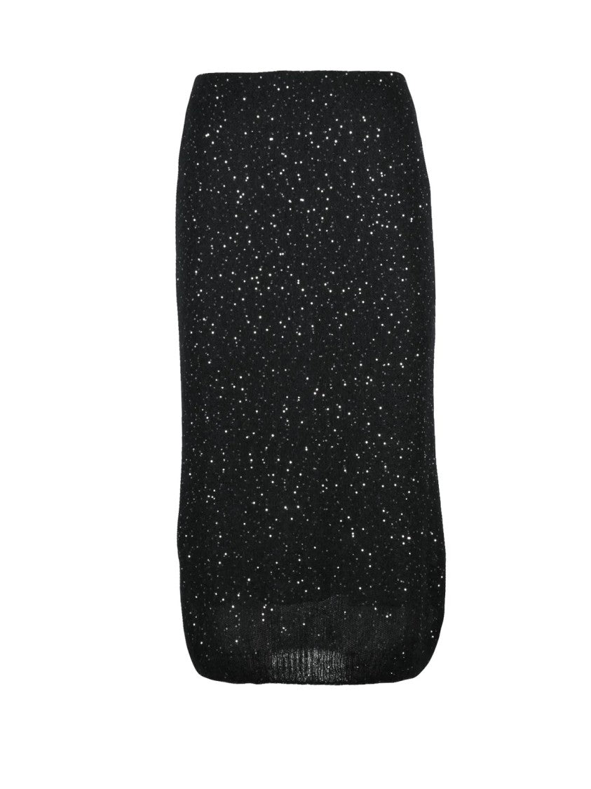 Nude Black Polyester Elasticated Rhinestone Knit Midi Skirt
