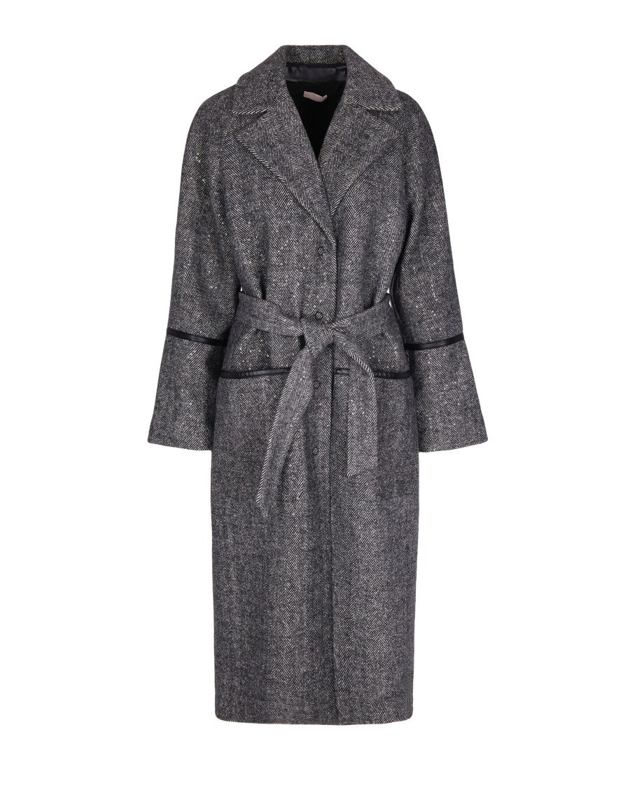 Liu Jo Herringbone Pattern Coat With Sequin Embellishments And Belted Waist
