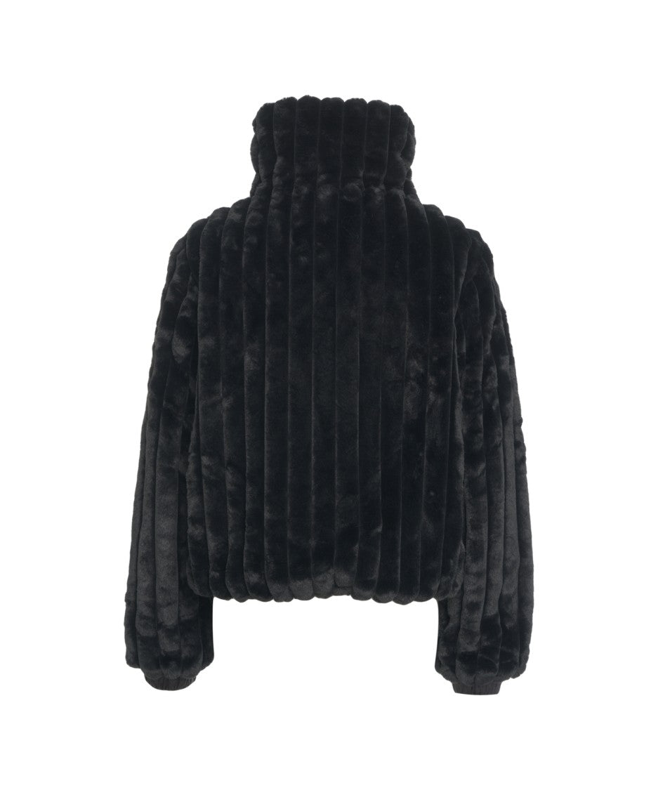 Save The Duck Cropped Black Faux Fur Jacket With High Collar And Textured Ribbed Finish