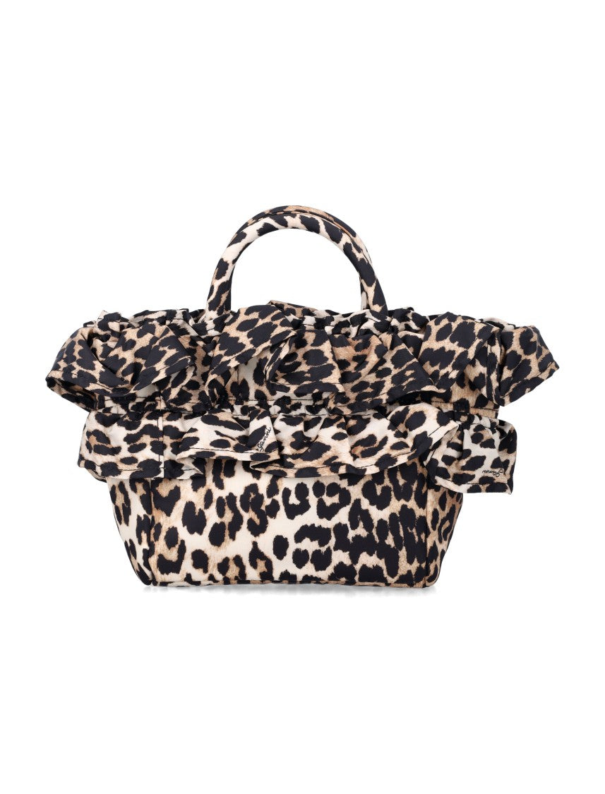 Ganni Leopard Mini Ruffled Shopper Bag