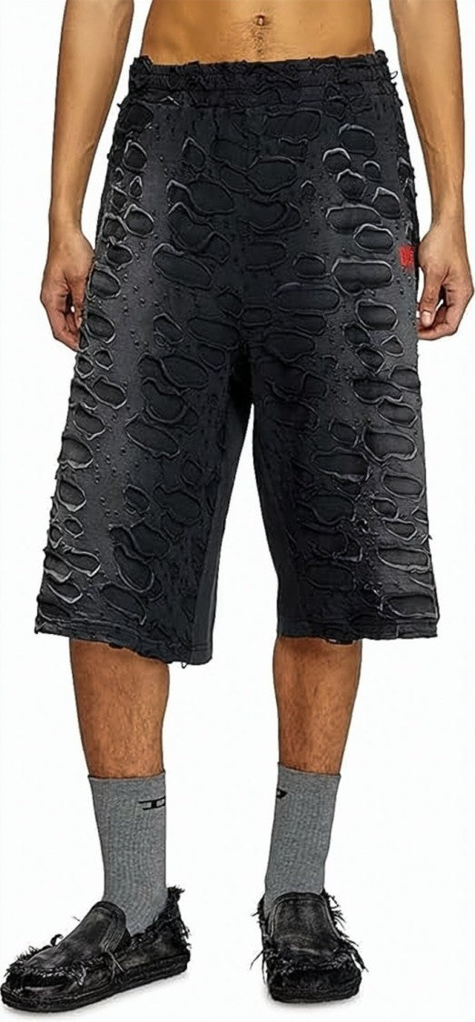 Diesel Distressed Black Shorts With Cut-Out Details
