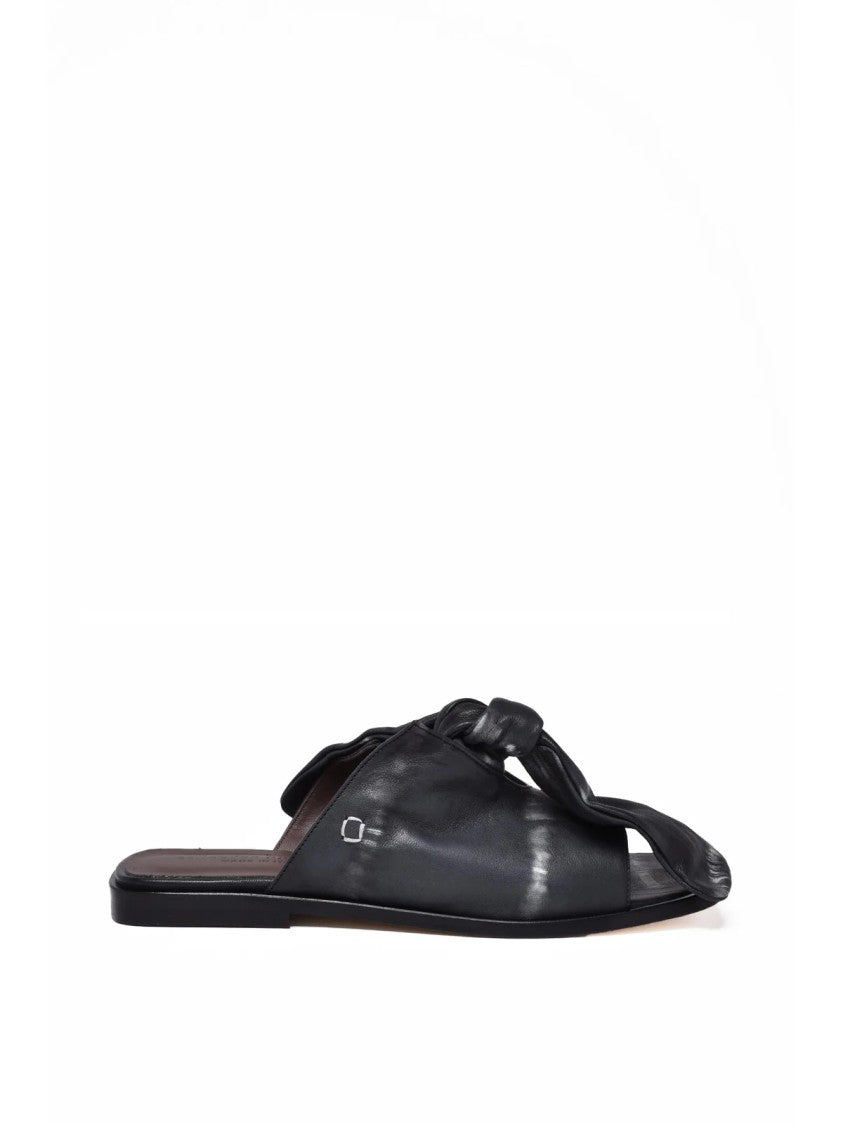 Collection Privee? Black Twisted Knot Leather Slide Sandals