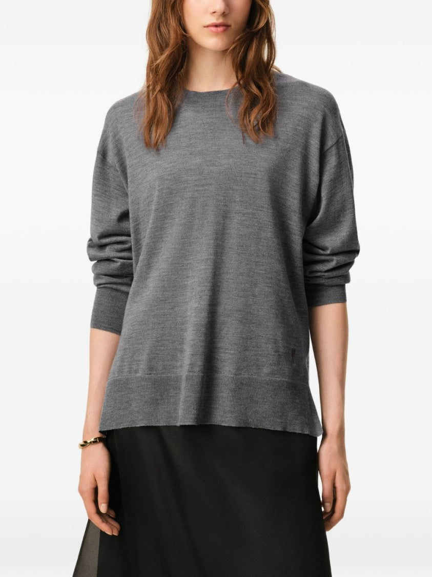 Ami Paris Grey Ribbed Finishes Wool Sweater