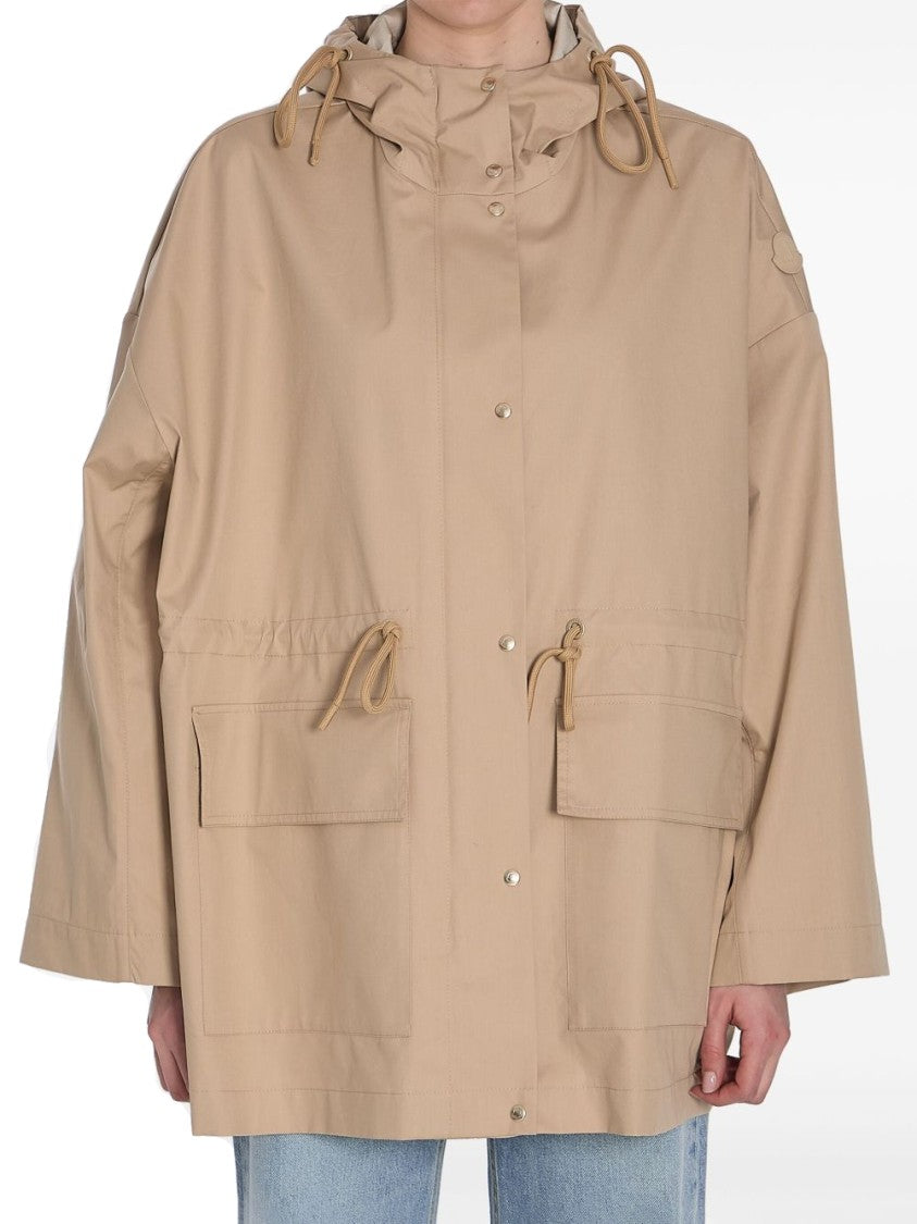 Moncler Relaxed Fit Beige Coat With Hood And Drawstring Details