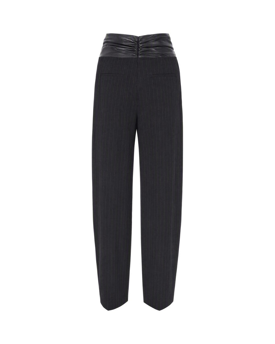 The Andamane Black Pinstripe Draped Synthetic Leather Cotton-Blend Wide-Leg Pants