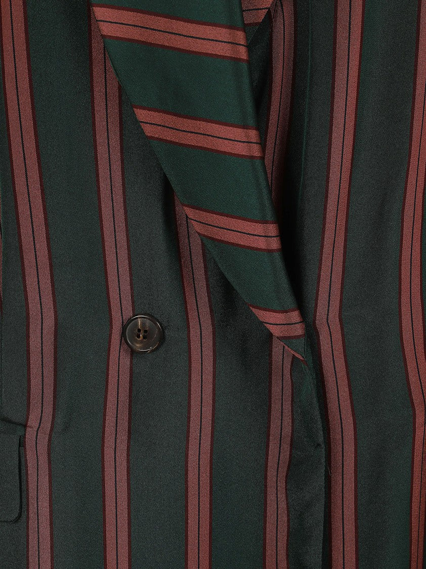 Dries Van Noten Sleeveless Striped Satin Long Coat With Peak Lapels