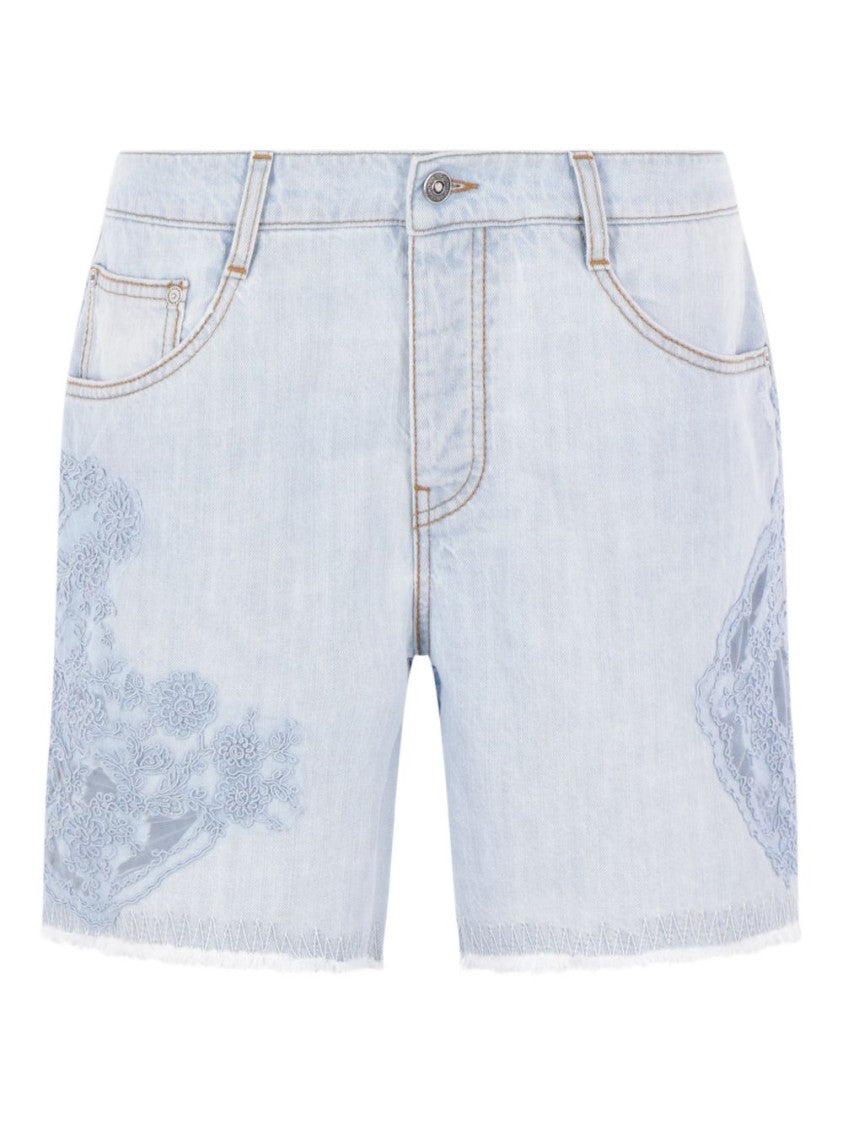 Ermanno Scervino Light Blue Floral Lace Insert Shorts With Frayed Hem