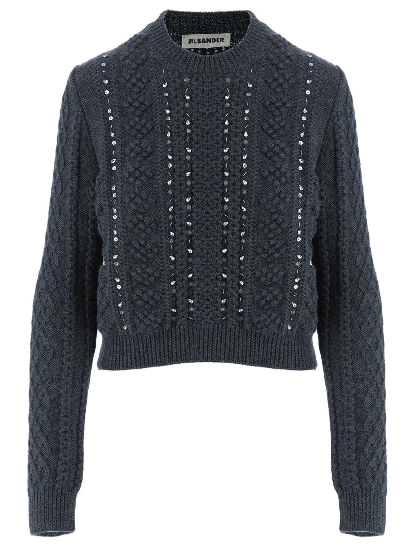 Jil Sander Embellished Dark Blue Wool Knit Sweater
