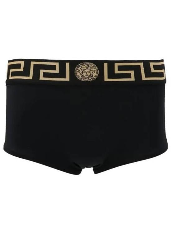 Versace Black Swim Briefs With Gold Geometric Pattern And Medallion Emblem