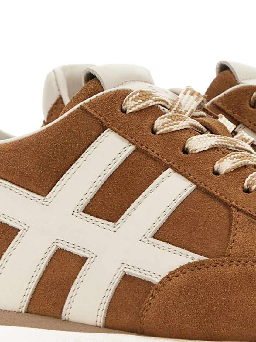 Hogan Brown Suede Flats With White Leather Accents And Rubber Sole