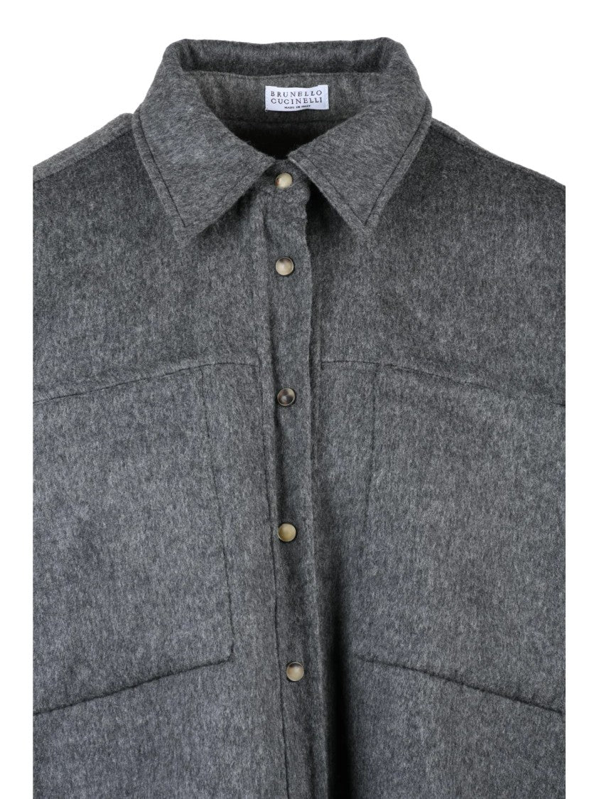 Brunello Cucinelli Short Oversized Shirt In Textured Grey Virgin Wool