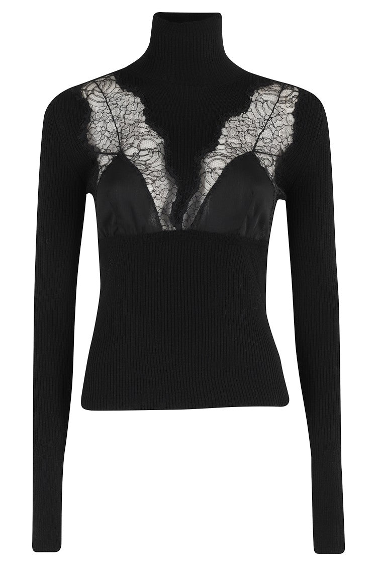 Blumarine Turtleneck Knit With Ribbed Texture And Lace Inserts