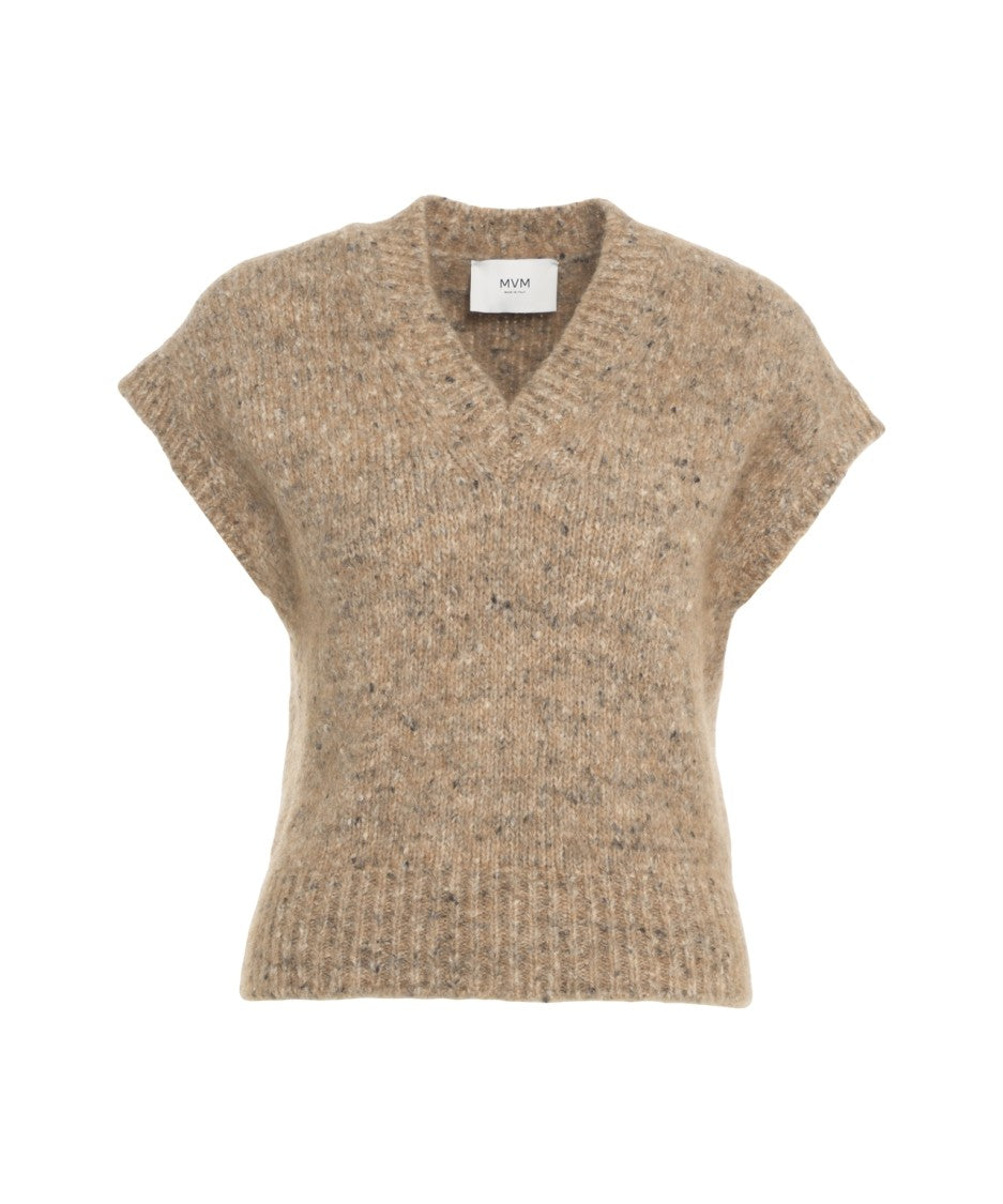 Mvm Mélange Knit V-Neck Sweater With Short Sleeves