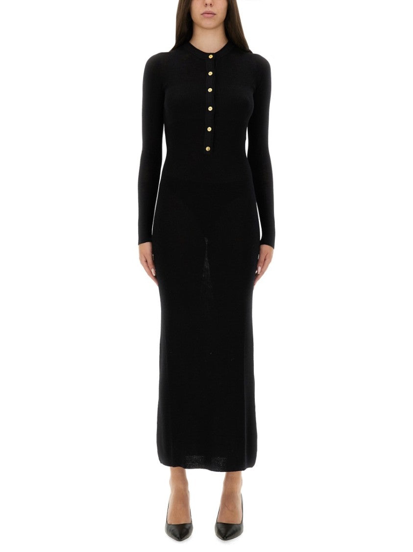 Versace Long Fitted Wool Dress With Gold-Tone Button