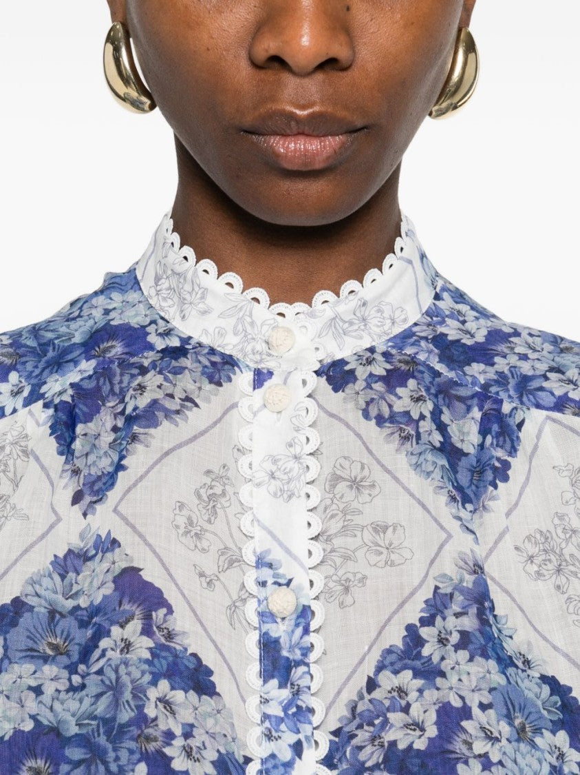 Twin-Set Floral Diamond Pattern Ramie Shirt With Scalloped Lace Trim