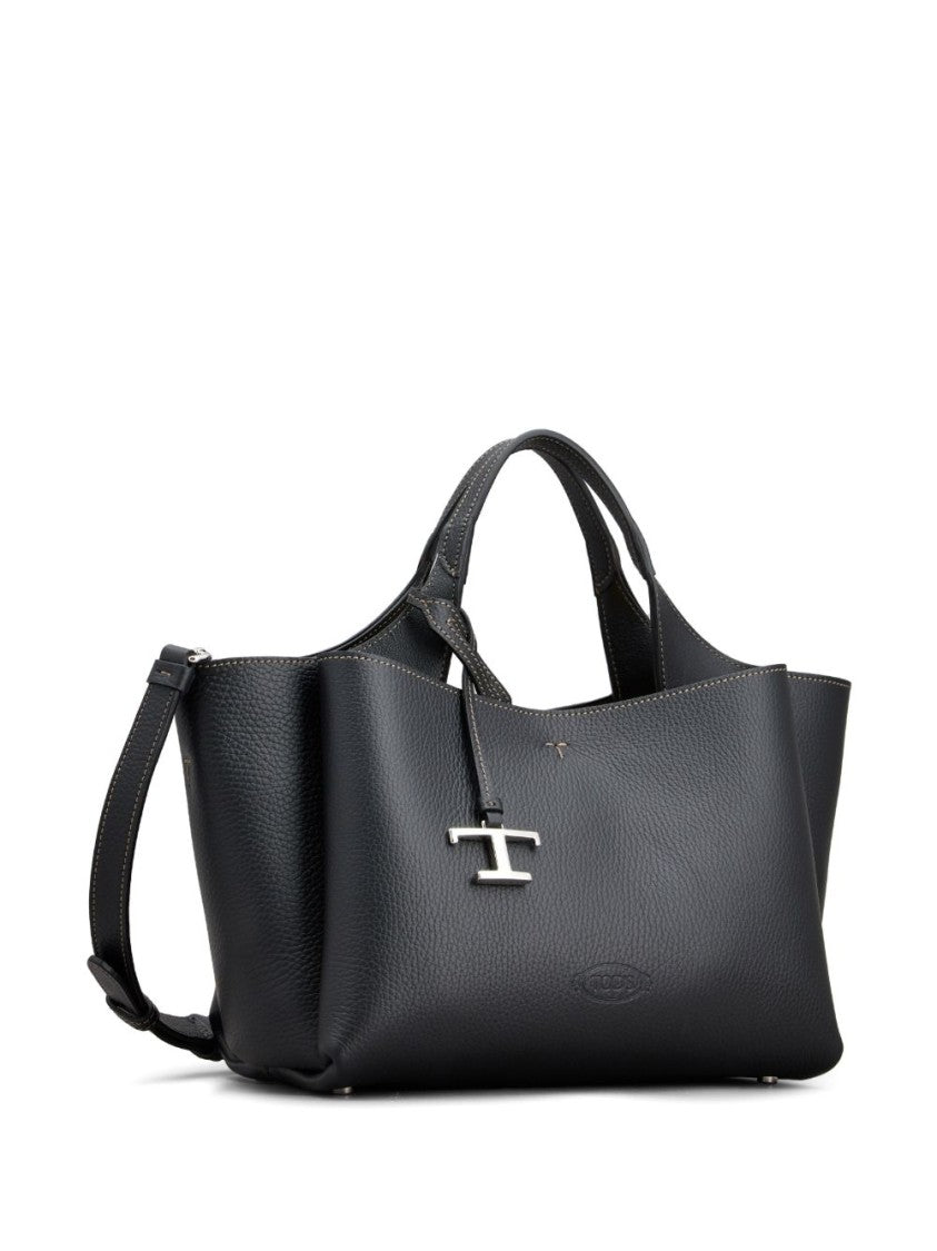 Tod's Black Grained Leather Debossed Logo Tote