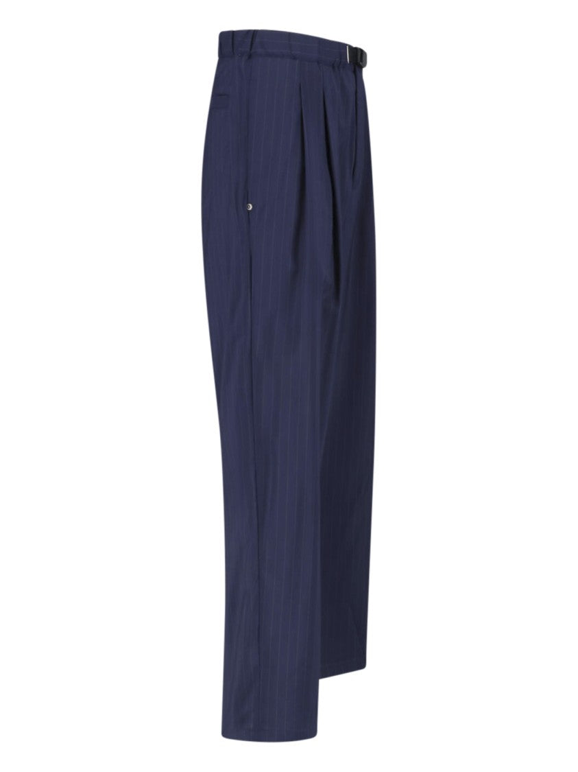 White Sand Blue Pinstripe Straight-Leg Wool Trousers