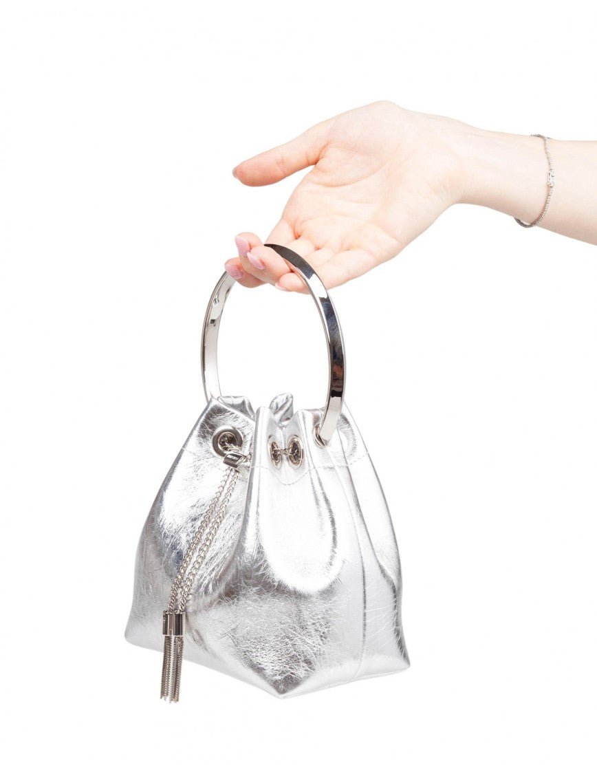 Jimmy Choo Silver Bon Bon Tzz In Metallic Leather Handbag