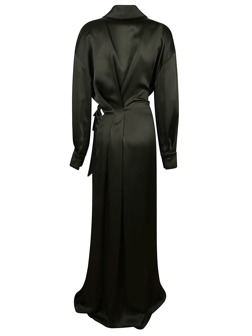Victoria Beckham Satin-Wrap Gown With Cuffed Sleeves And V-Neckline