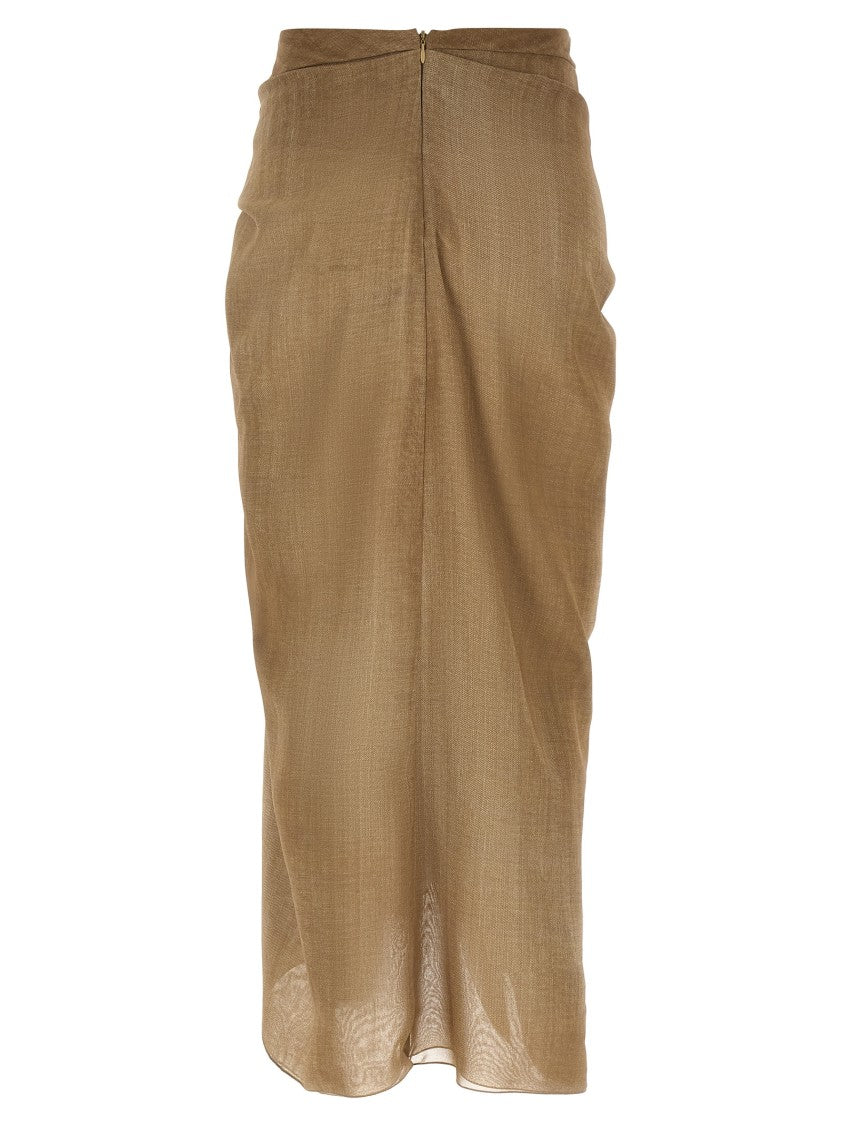 Ermanno Scervino Sand Denim Print Midi Skirt With Crinkled Waist And Asymmetrical Hem