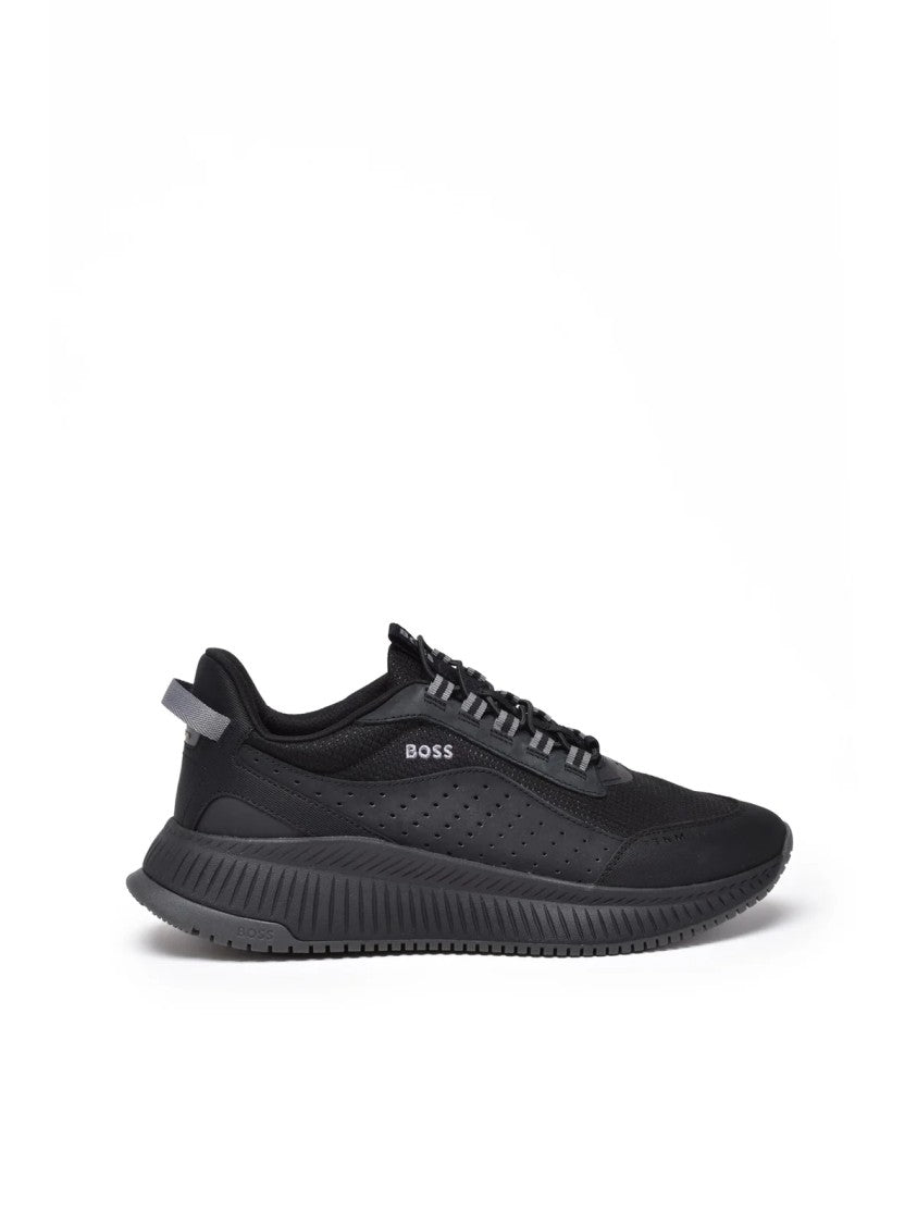 Boss Black Leather-Blend Stretch Sneakers
