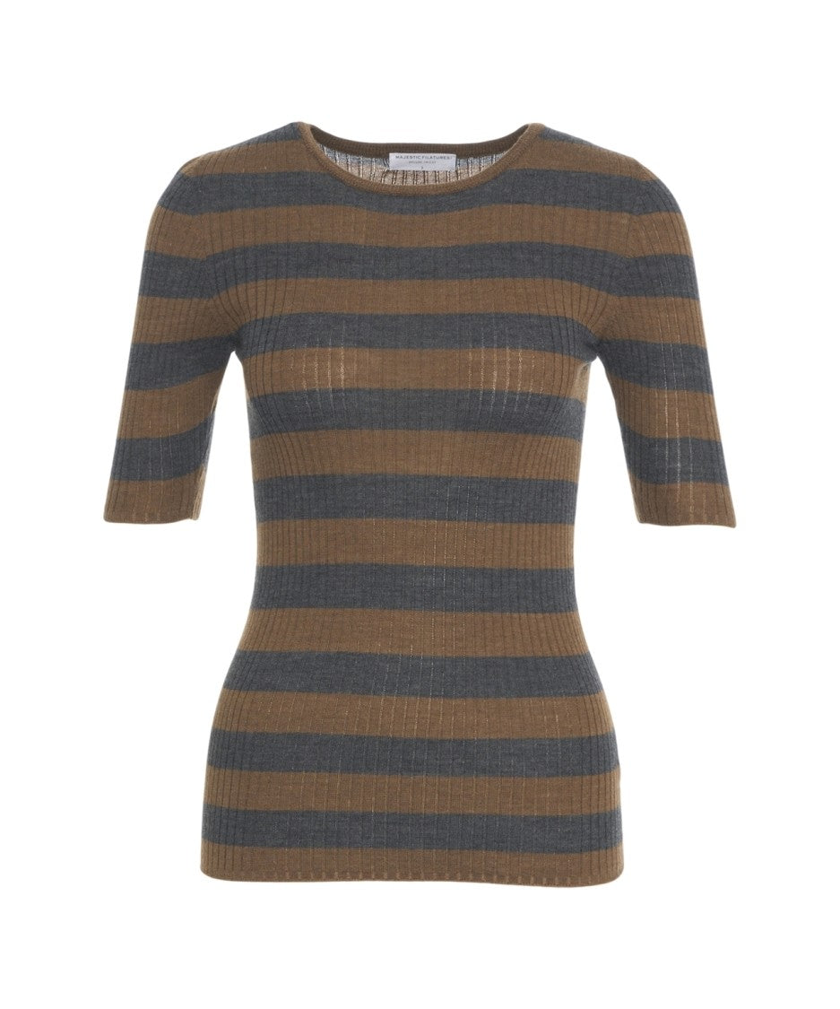 Majestic Filatures Slim-Fit Ribbed Knit T-Shirt With Half-Length Sleeves