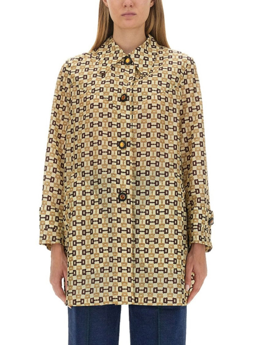 Gucci Horsebit Print Long Coat With Structured Silhouette