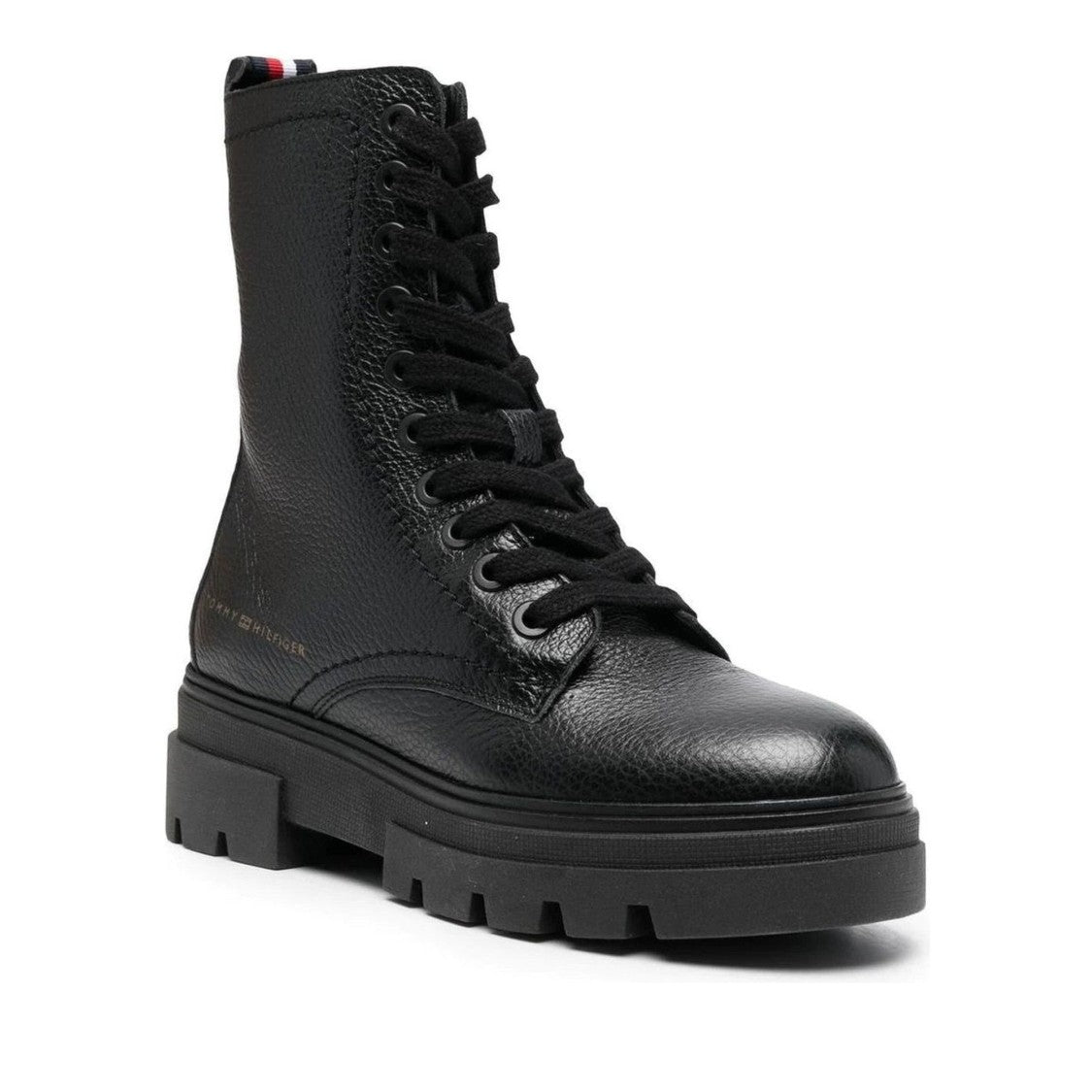 Tommy Hilfiger Black Mono Textured Lace-Up Chunky Sole Leather Boots