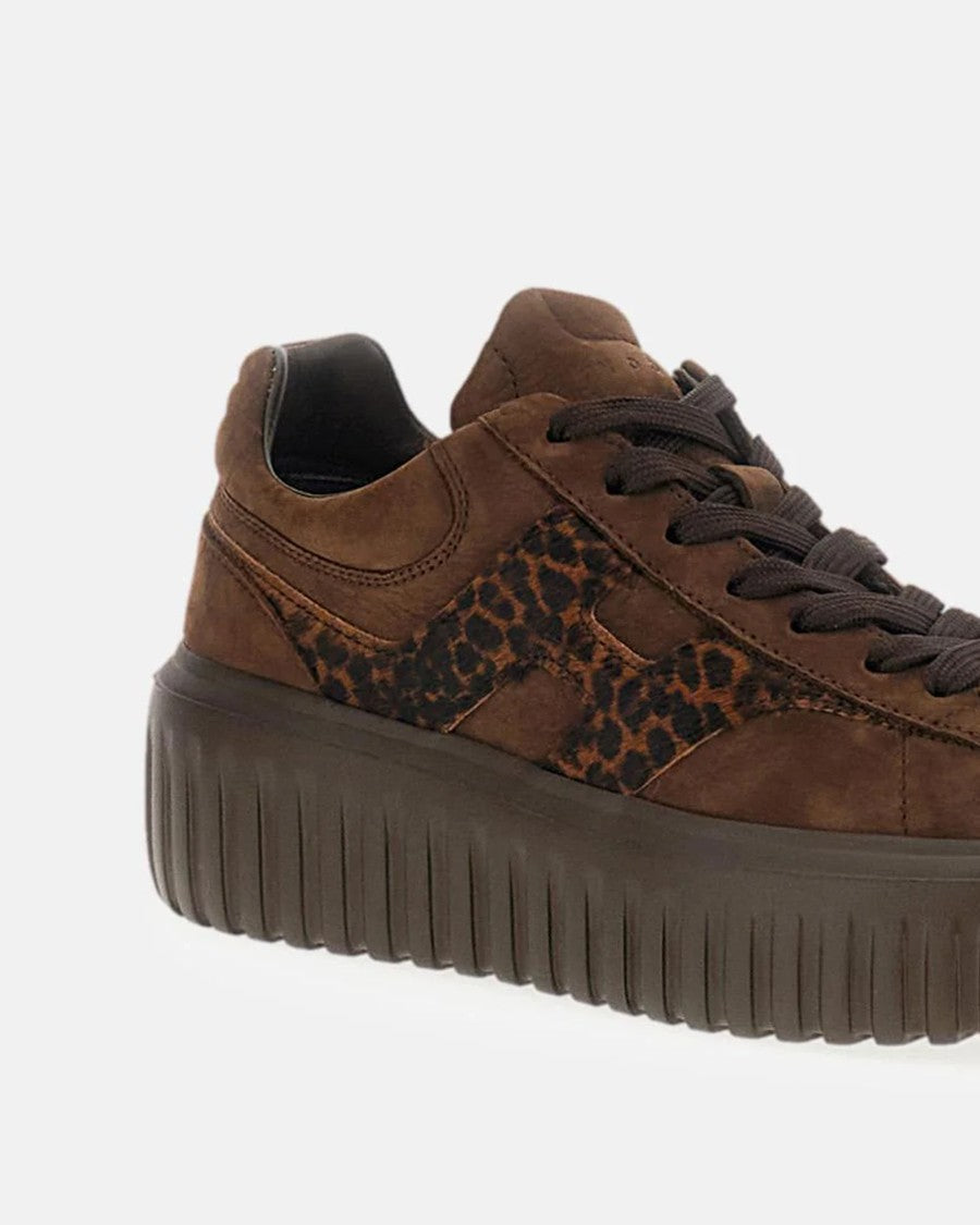 Hogan Brown H-Stripes Suede Leopard Sneakers