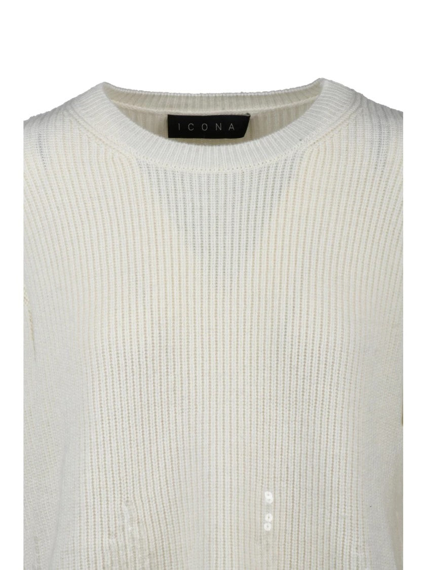 Icona Crew Neck Knit Wool Cashmere Sweater With Fringe Detail