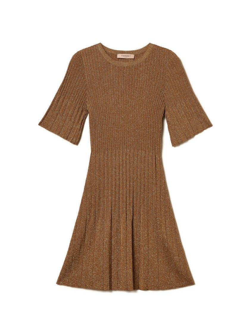 Twin-Set Brown Ribbed Flutter Sleeve Day Dress