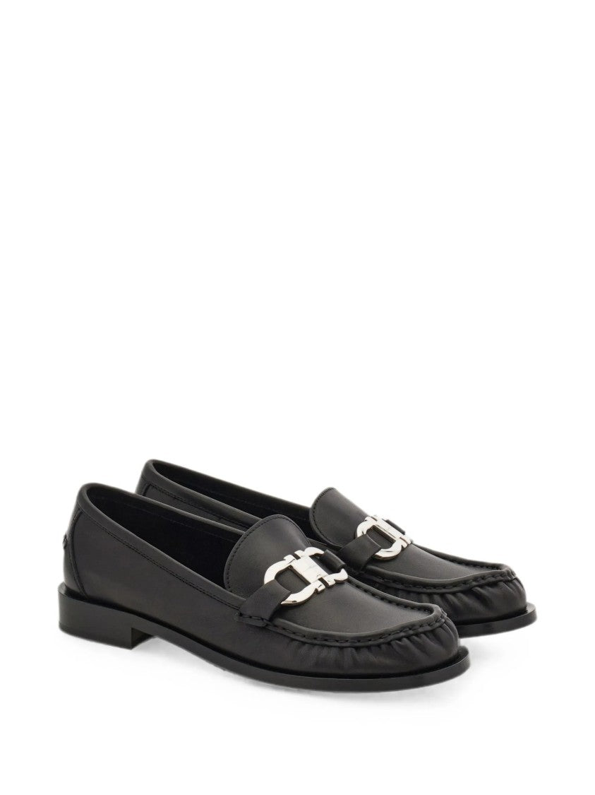 Salvatore Ferragamo Black Leather Loafers With Silver-Tone Metal Bit Detail