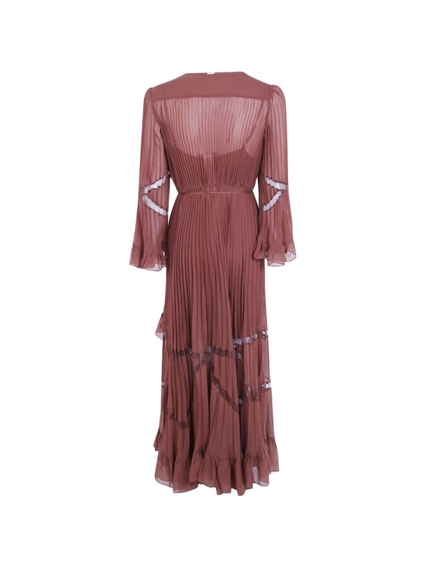 Twin-Set Pleated Wrap Sheer Sleeves Ruffle Hemline Midi Dress