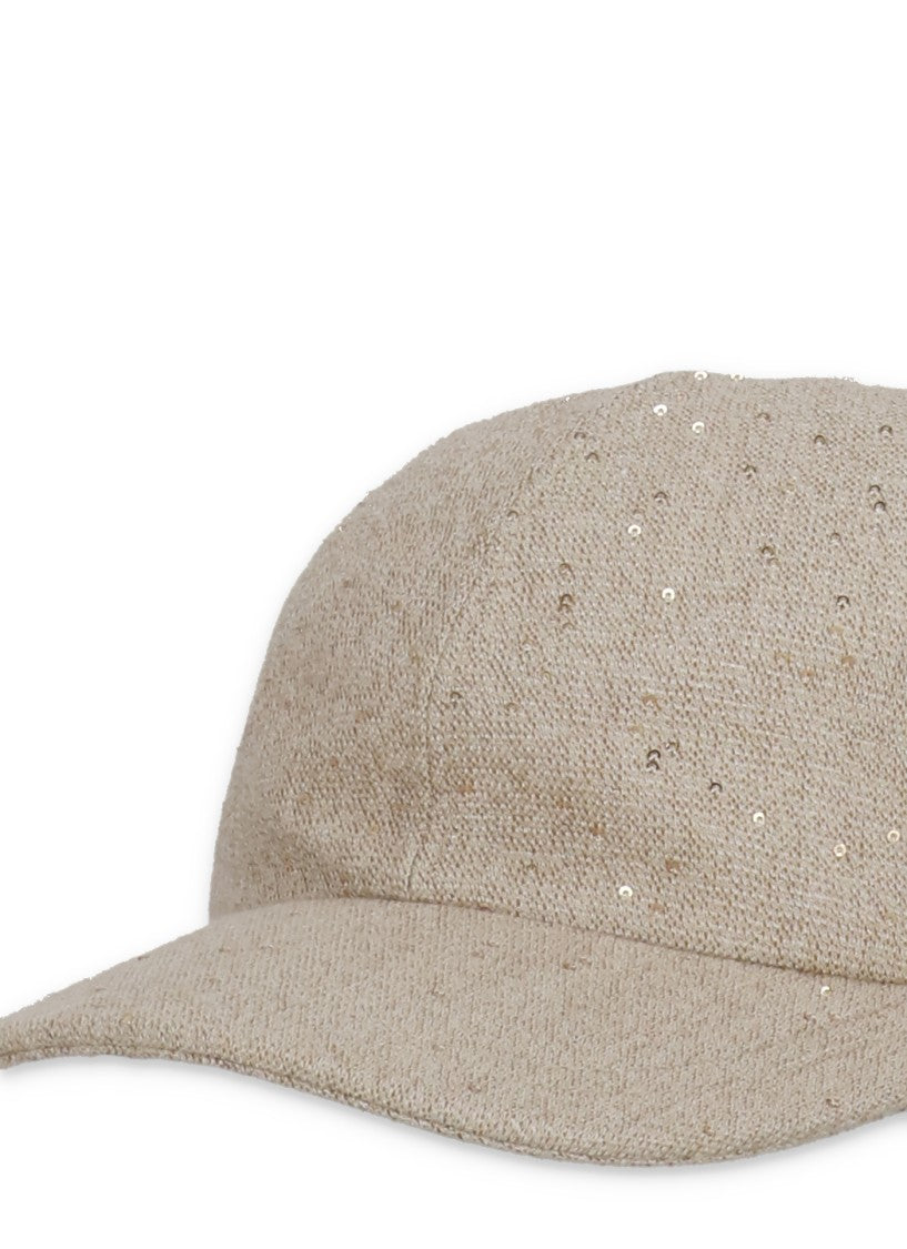 Panicale Beige Sequined Baseball Cap With Metal Logo Detail
