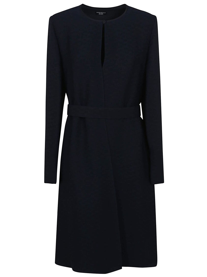 Emporio Armani Navy Blue Dress With Keyhole Neckline And Belted Waist