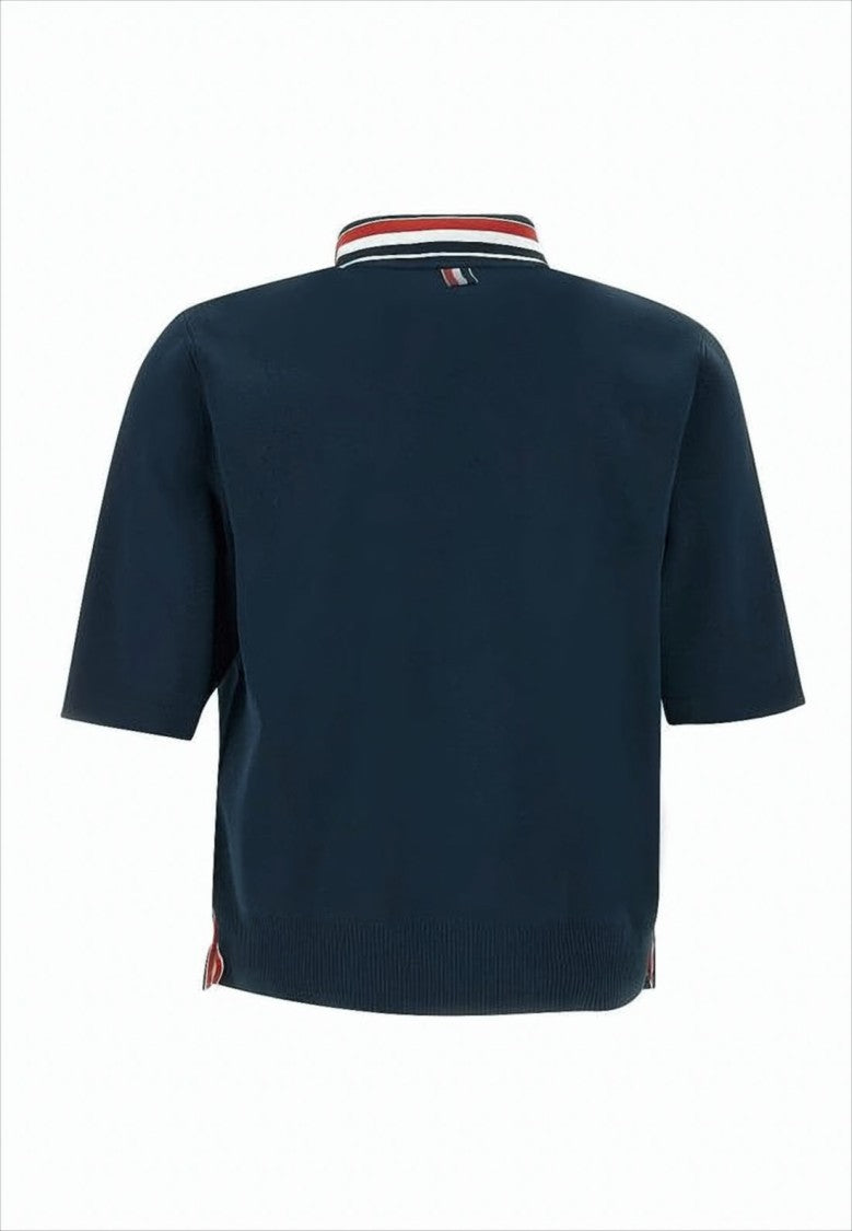 Thom Browne Navy Polo Shirt With Striped Collar And Side Button Details