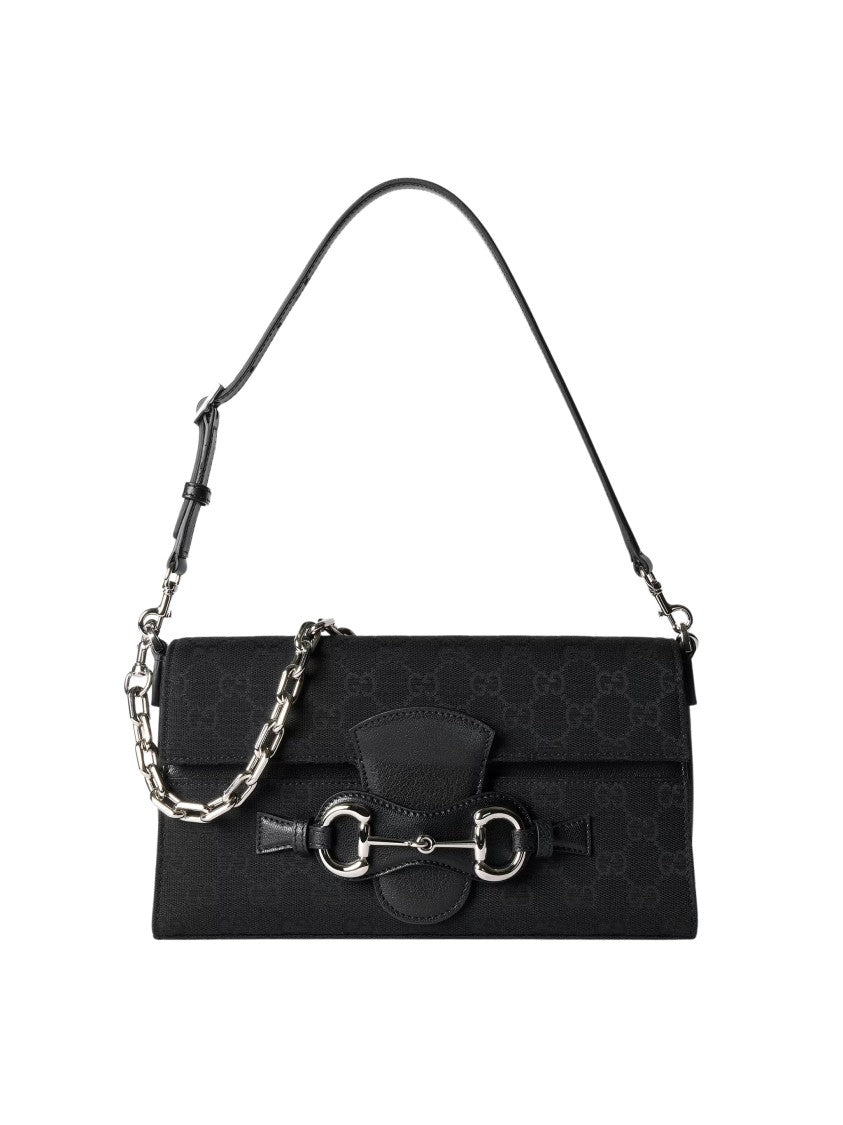 Gucci New Horsebit Black Gg Canvas Shoulder Bag