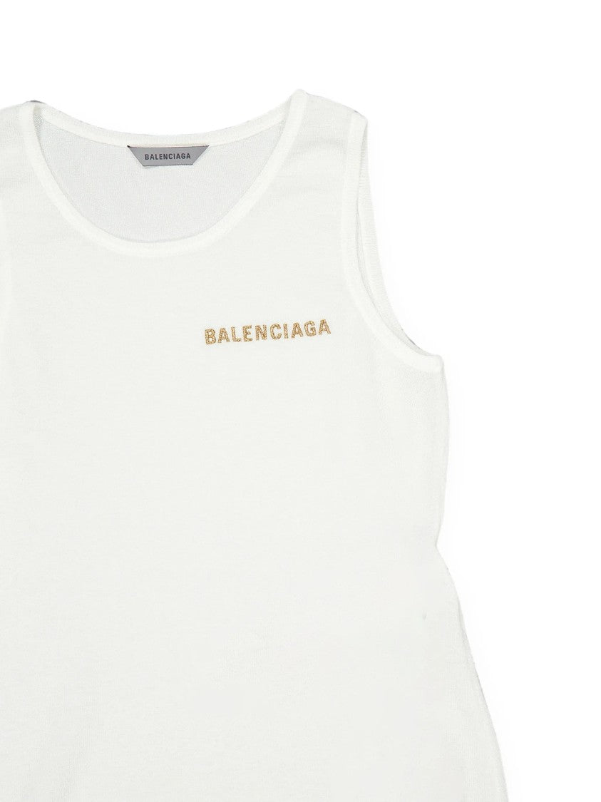Balenciaga Fitted White Tank Top With Round Neckline And Contrasting Logo Detail