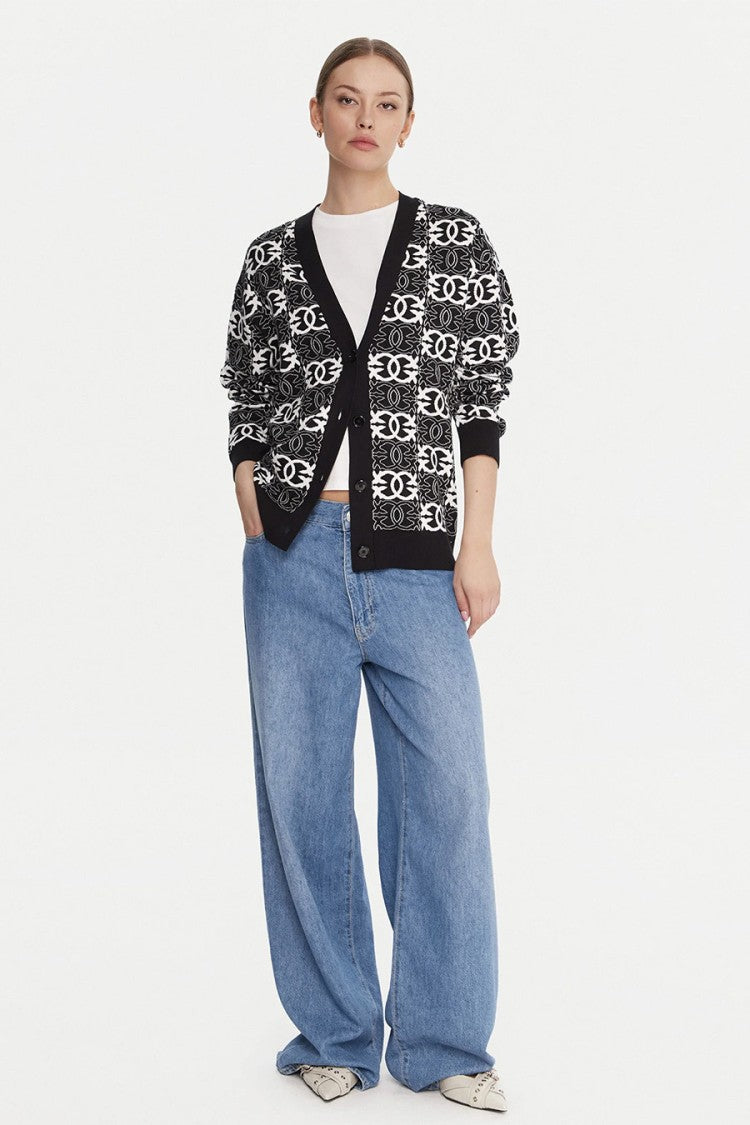 Pinko Black Monogram Jacquard Viscose-Blend Cardigan