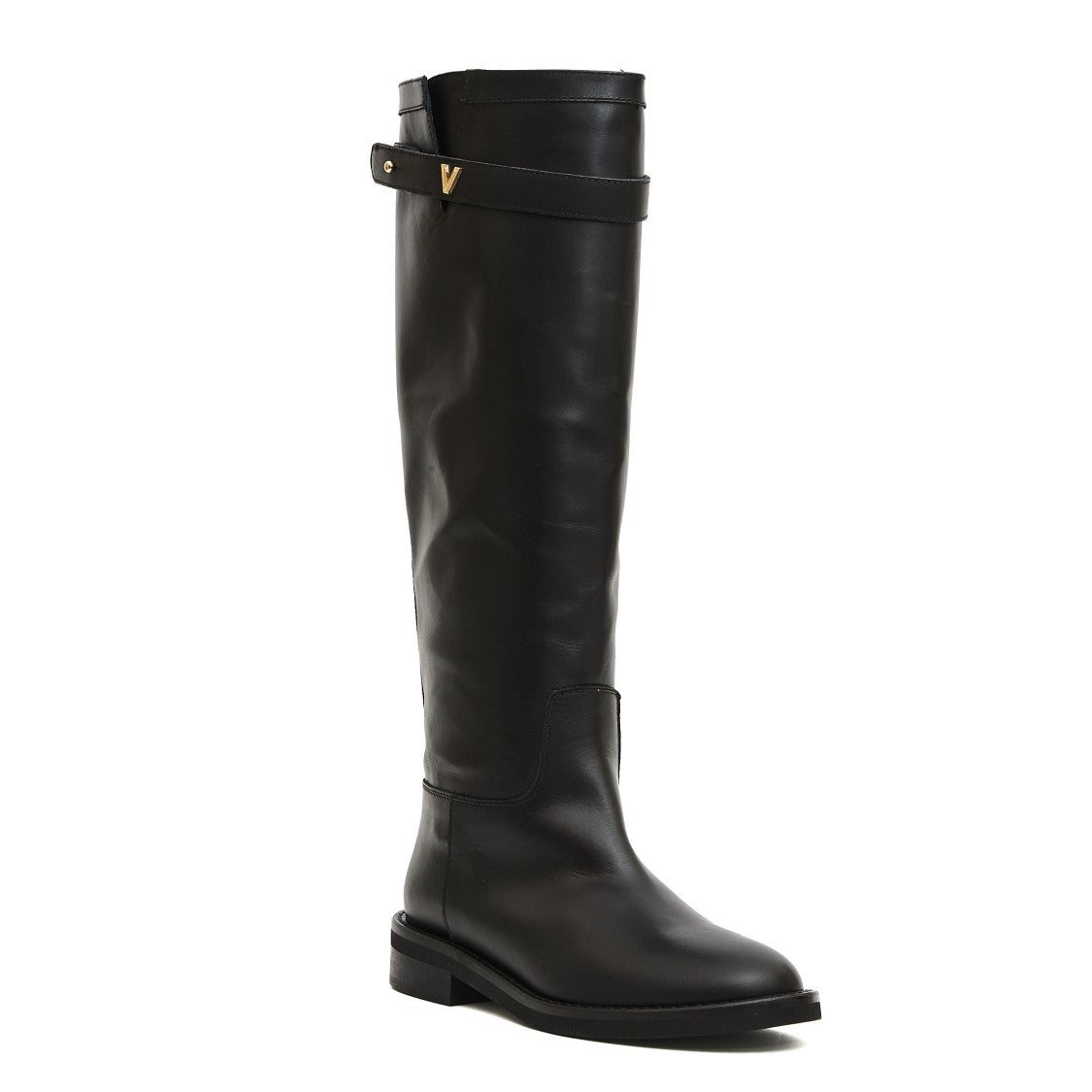 Via Roma 15 Tall Black Leather Boots With Gold Accent And Rubber Sole