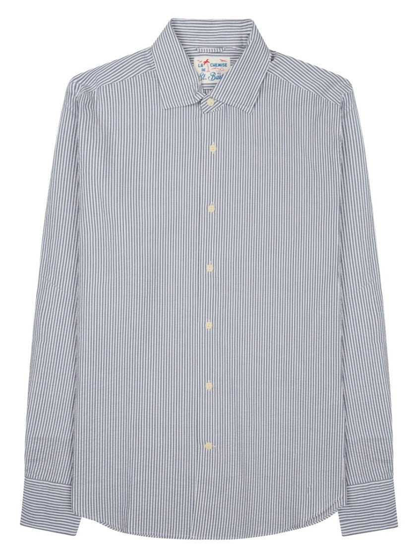 Mc2 Saint Barth Blue Striped Long-Sleeve Button-Down Linen Shirt