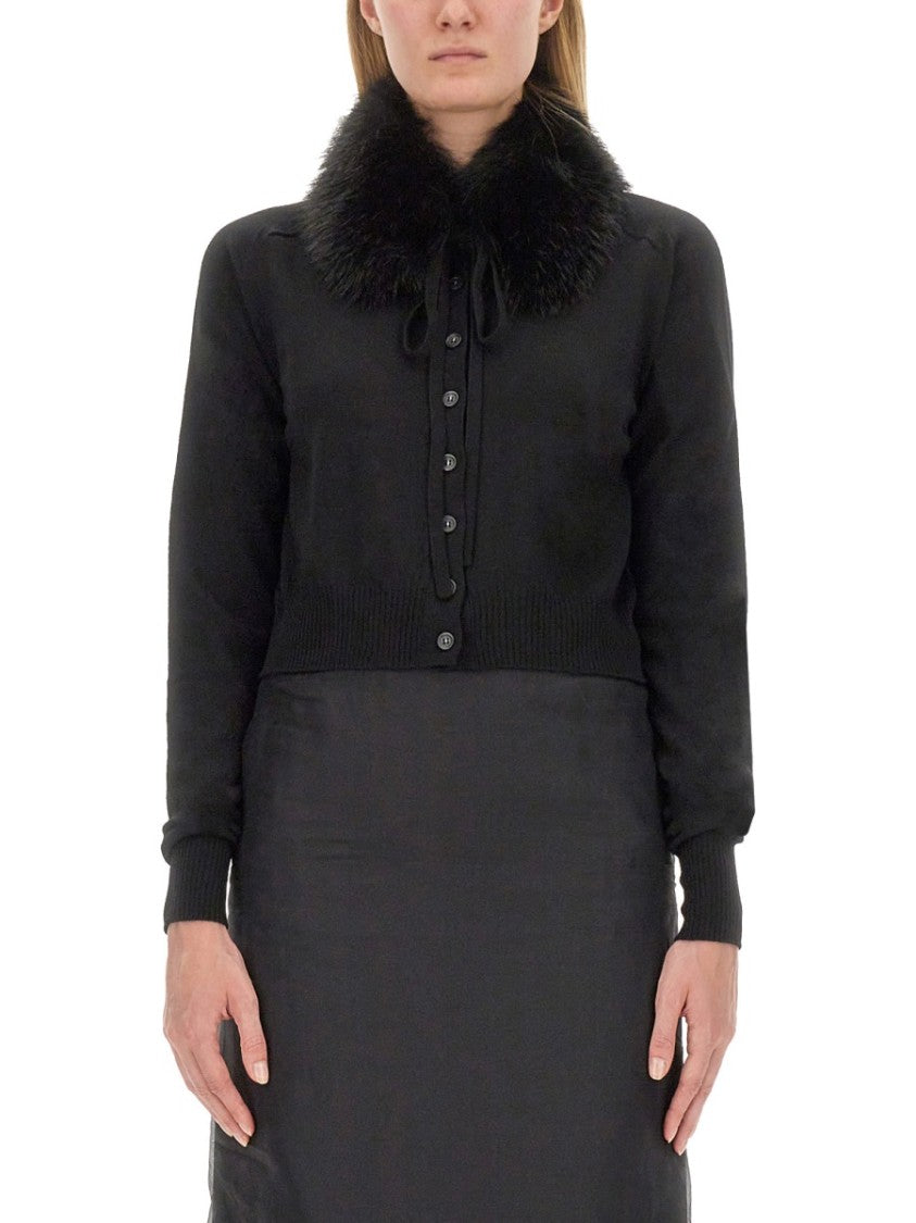 Sportmax Cropped Black Cardigan With Plush Fur Collar