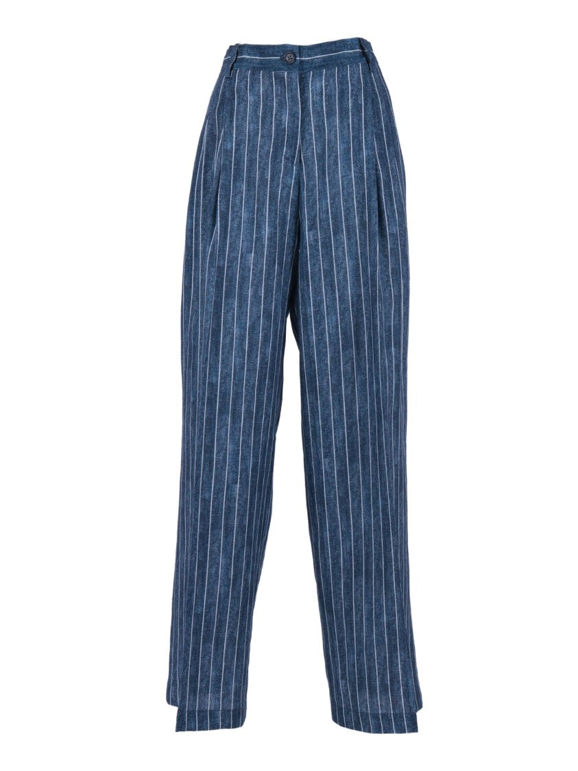 Ermanno Scervino Relaxed Fit Deep Blue Linen Pants With Vertical Pinstripes