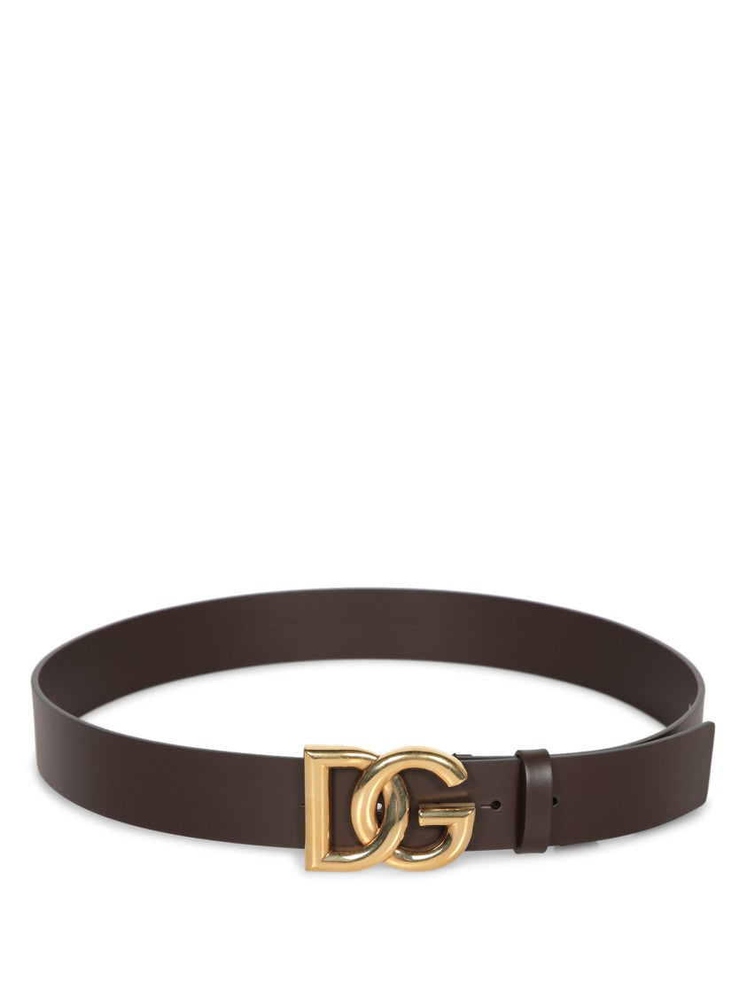 Dolce & Gabbana Brown Leather Belt With Gold Logo Buckle